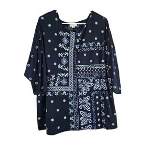 J.Jill Flagstaff Embroidered Patchwork Top Blouse Size XL Navy Blue  3/4 Sleeve